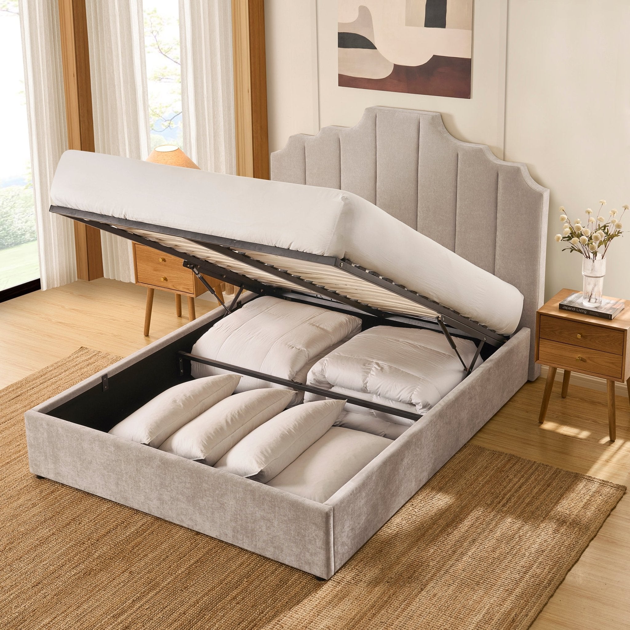 Bronte Ottoman Storage Bed - Chenille Light Grey
