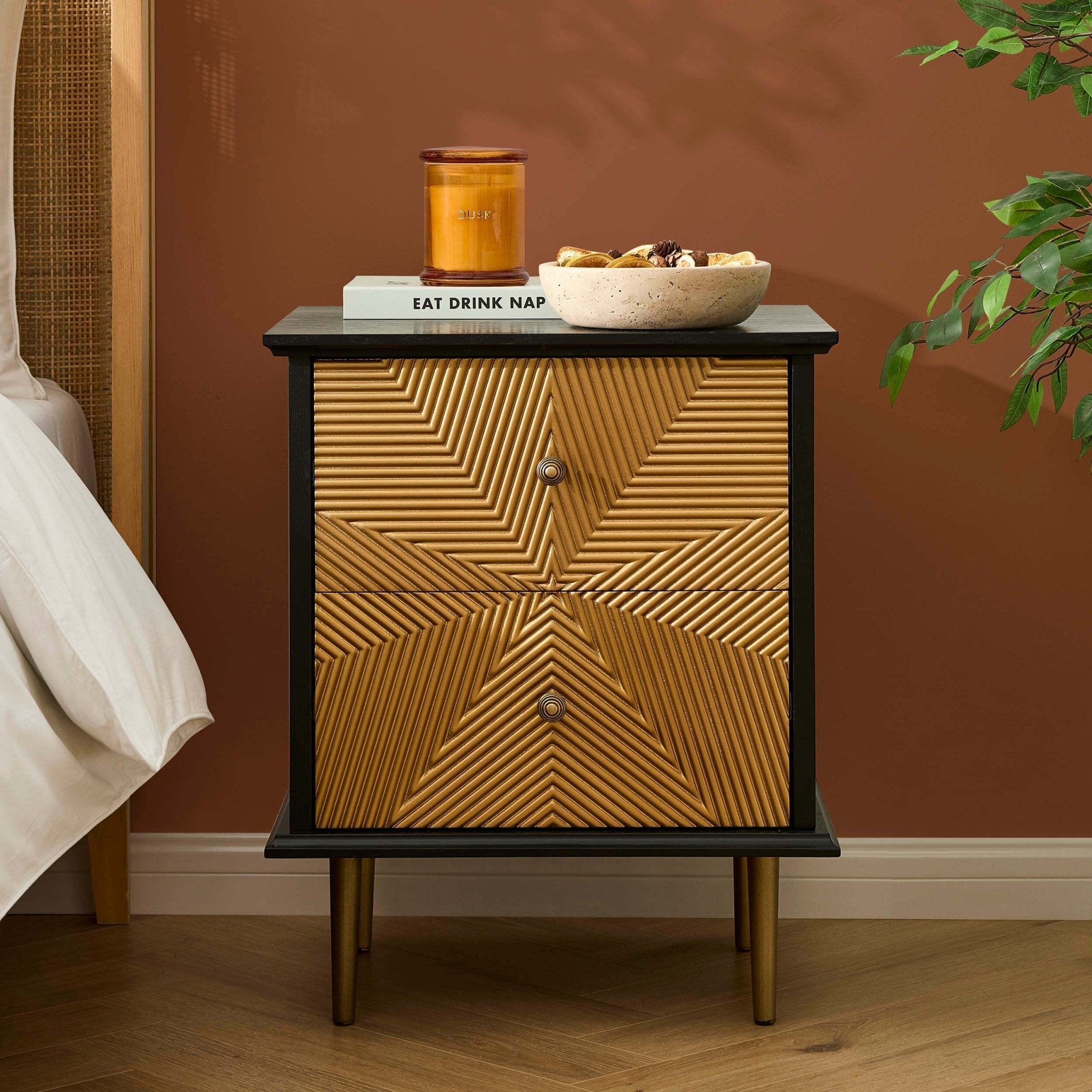 Georgie 2 Drawer Bedside Table - Black/Gold