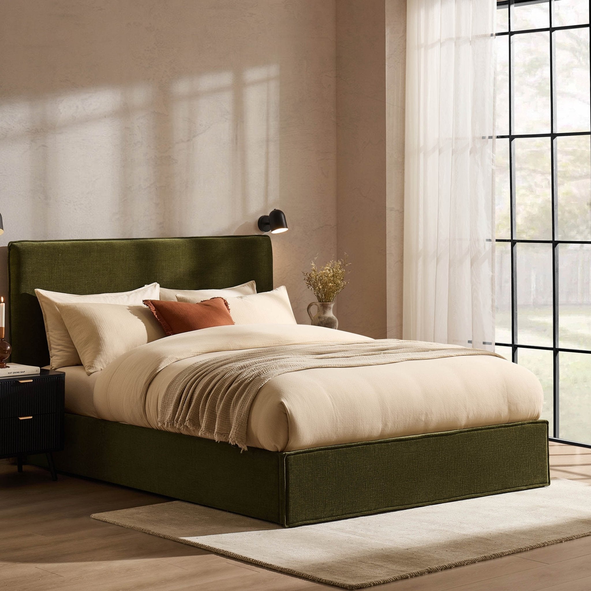 Oslo Ottoman Storage Bed - Chenille Olive
