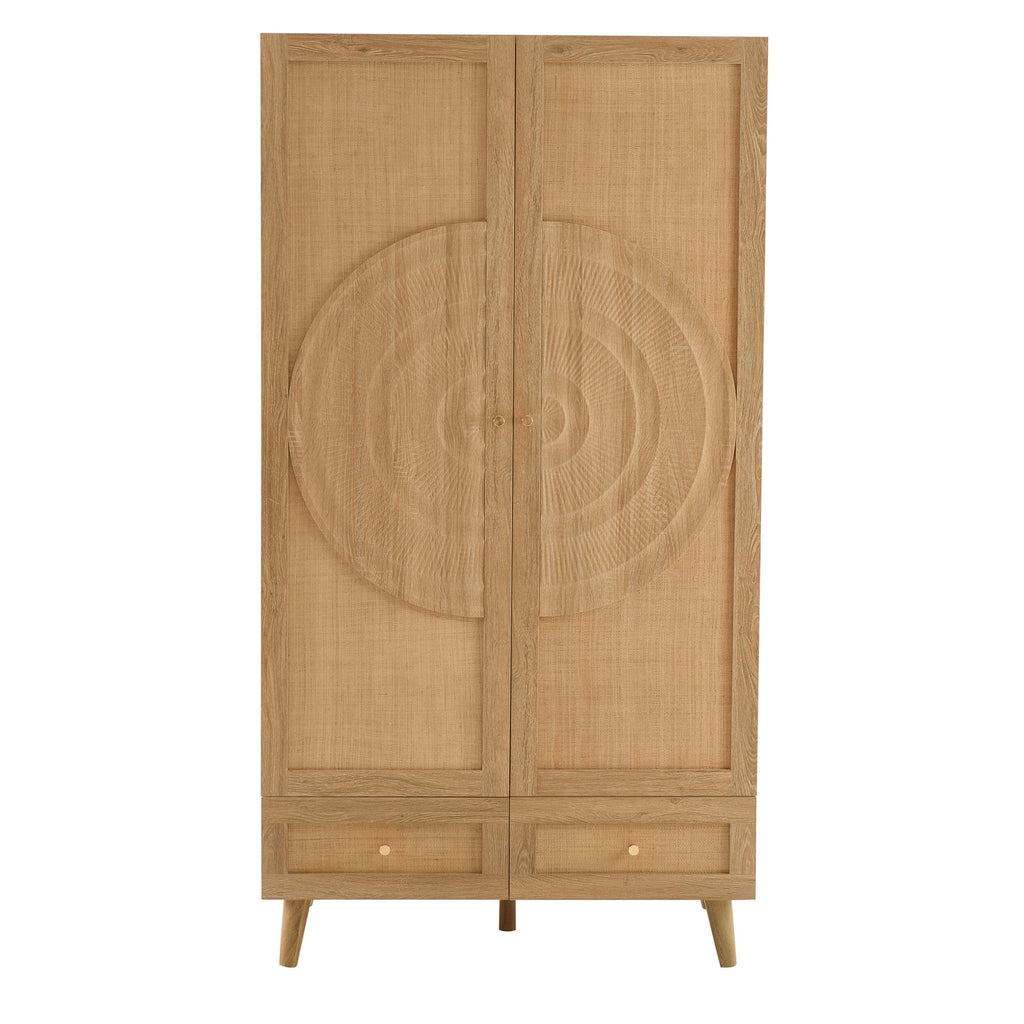 Raven Rattan 2 Door Wardrobe with Drawers - Light Wood