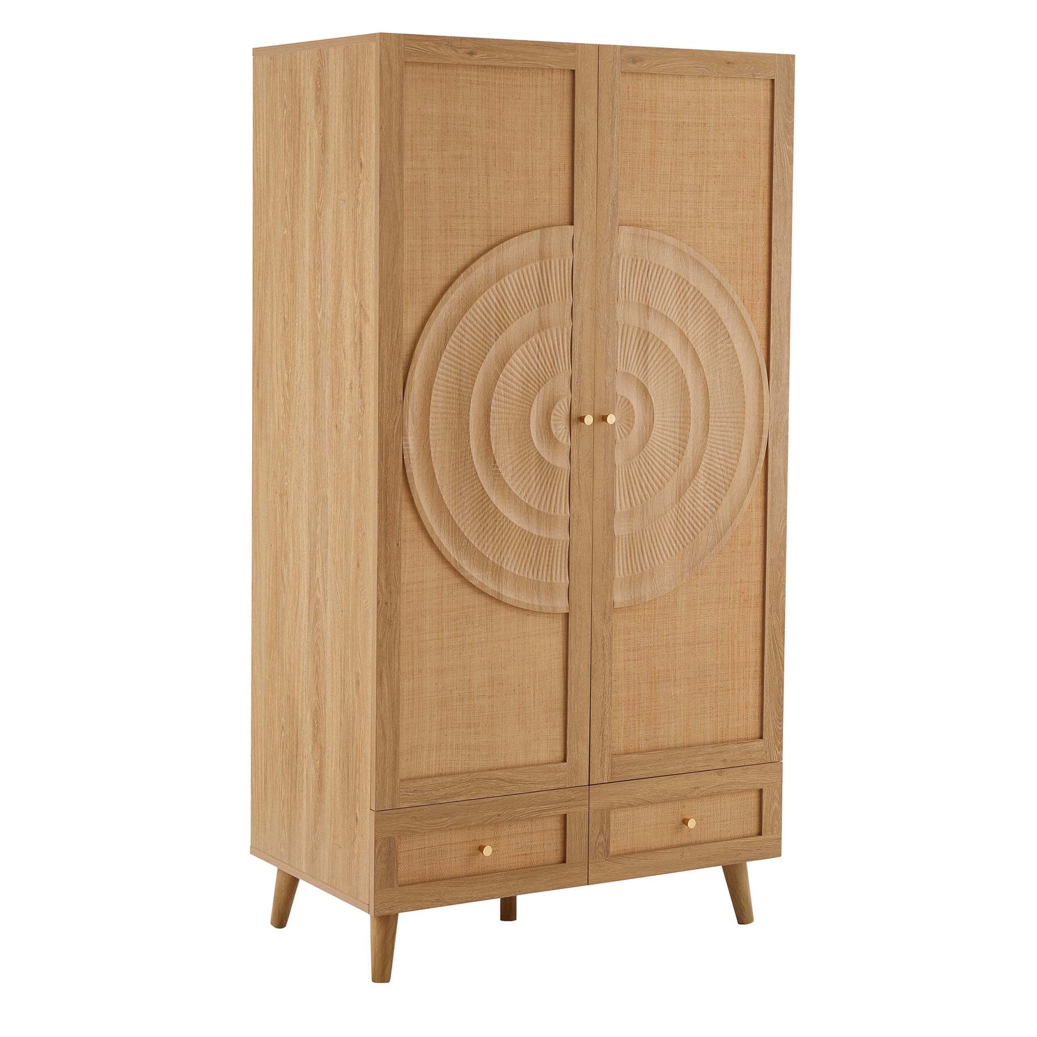 Raven Rattan 2 Door Wardrobe with Drawers - Light Wood
