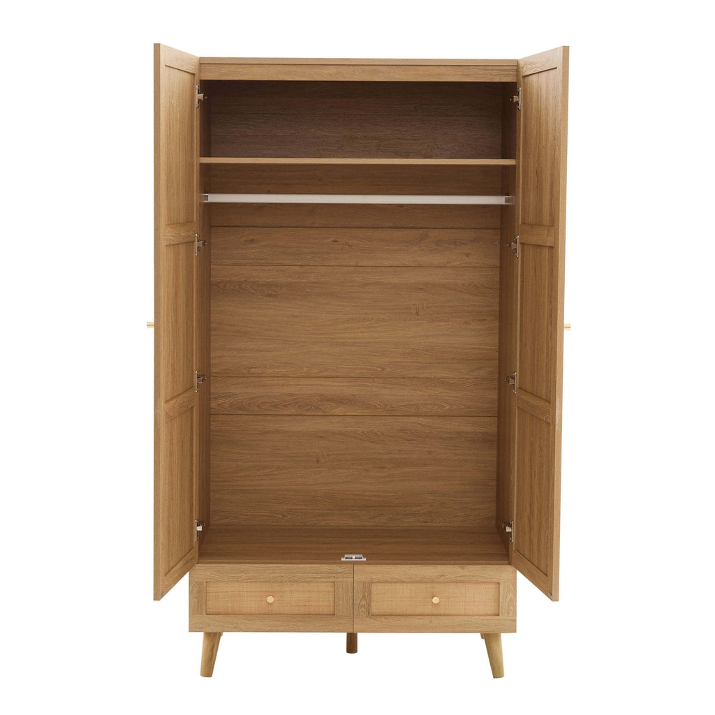 Raven Rattan 2 Door Wardrobe with Drawers - Light Wood