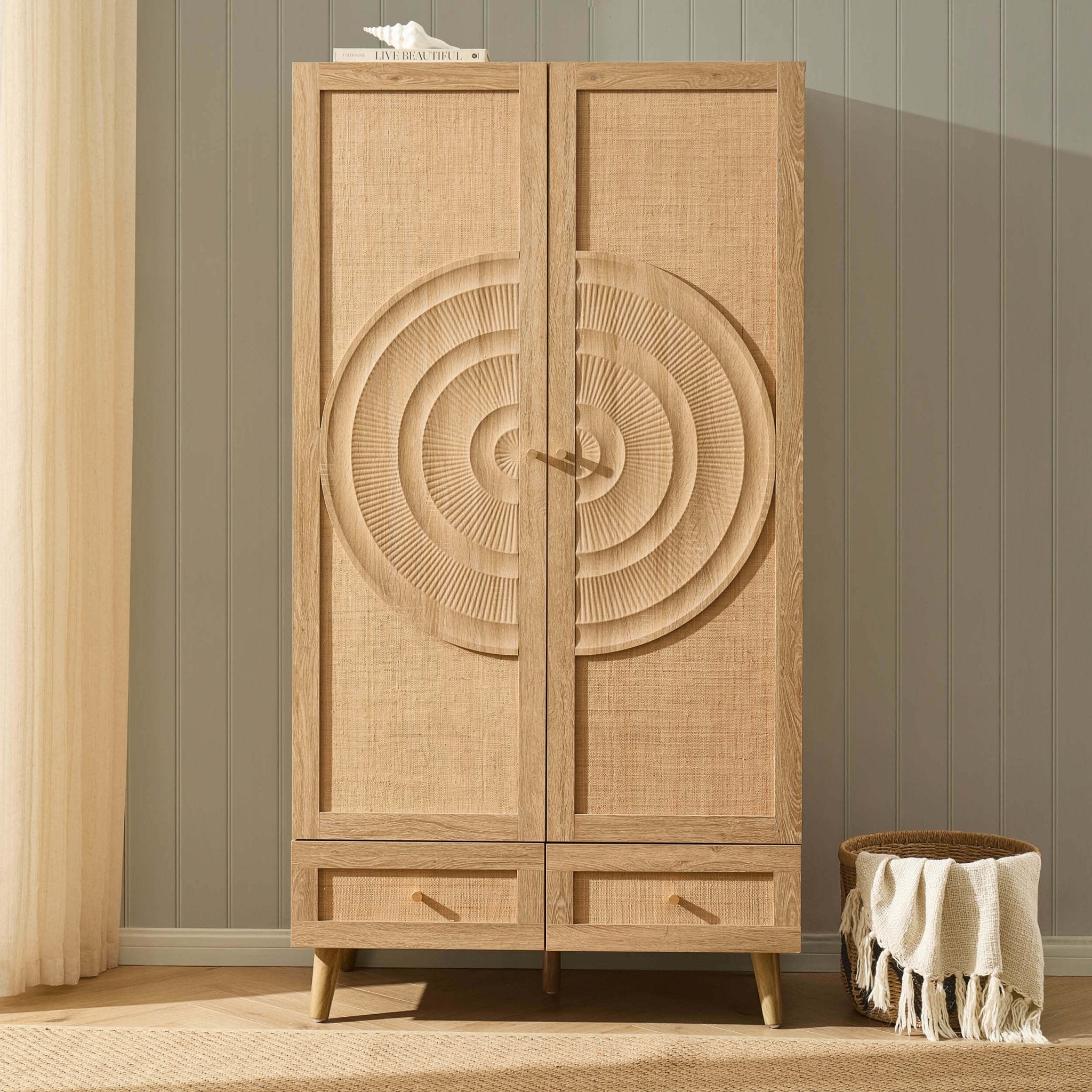Raven Rattan 2 Door Wardrobe with Drawers - Light Wood