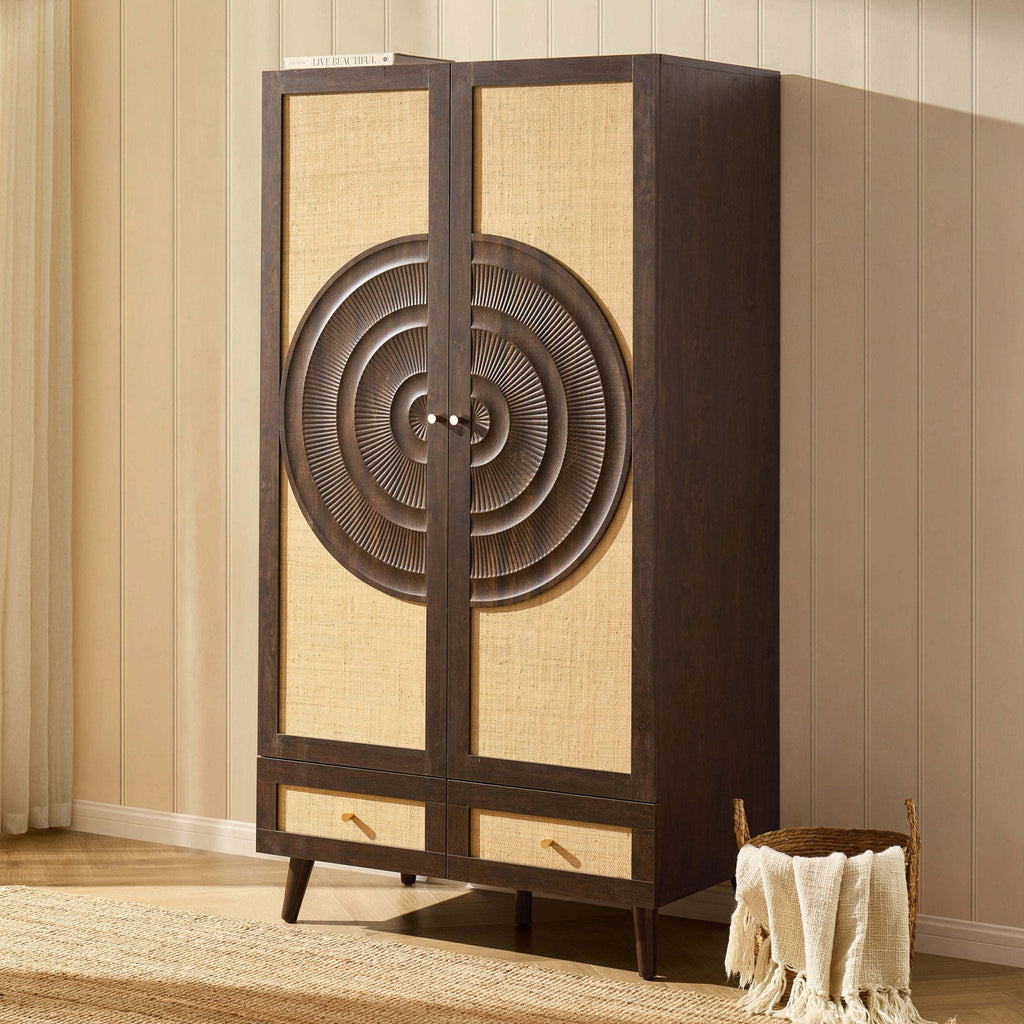 Raven Rattan 2 Door Wardrobe with Drawers - Walnut