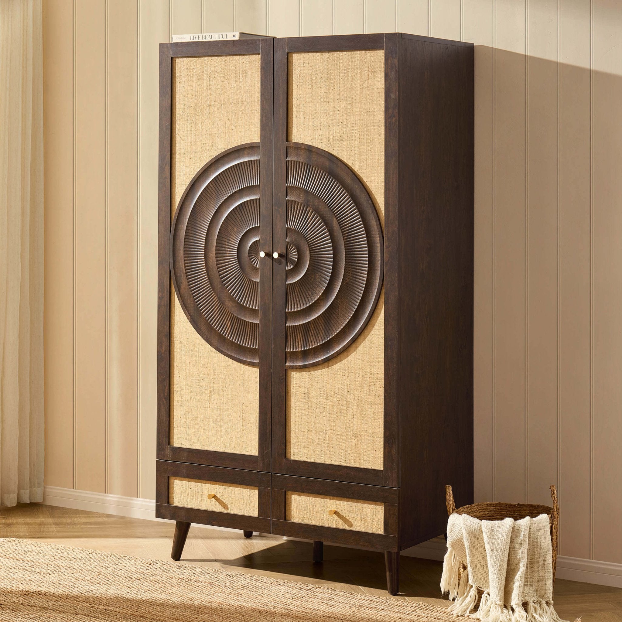 Raven Rattan 2 Door Wardrobe with Drawers - Walnut