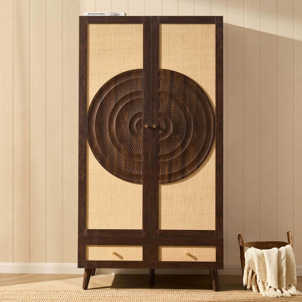 Raven Rattan 2 Door Wardrobe with Drawers - Walnut