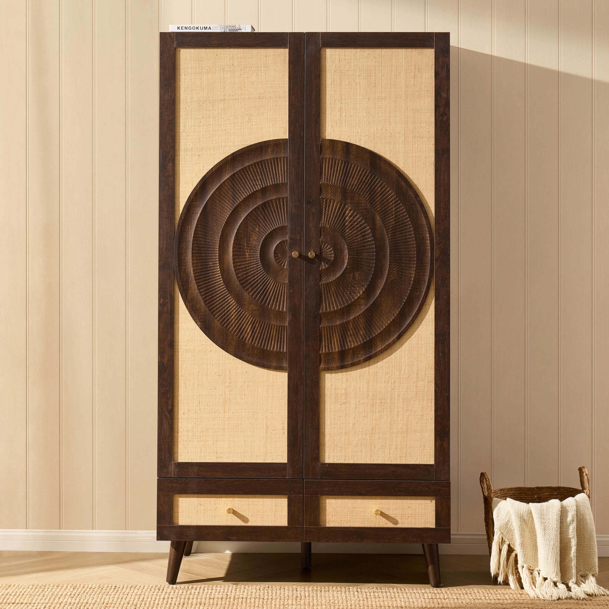 Raven Rattan 2 Door Wardrobe with Drawers - Walnut