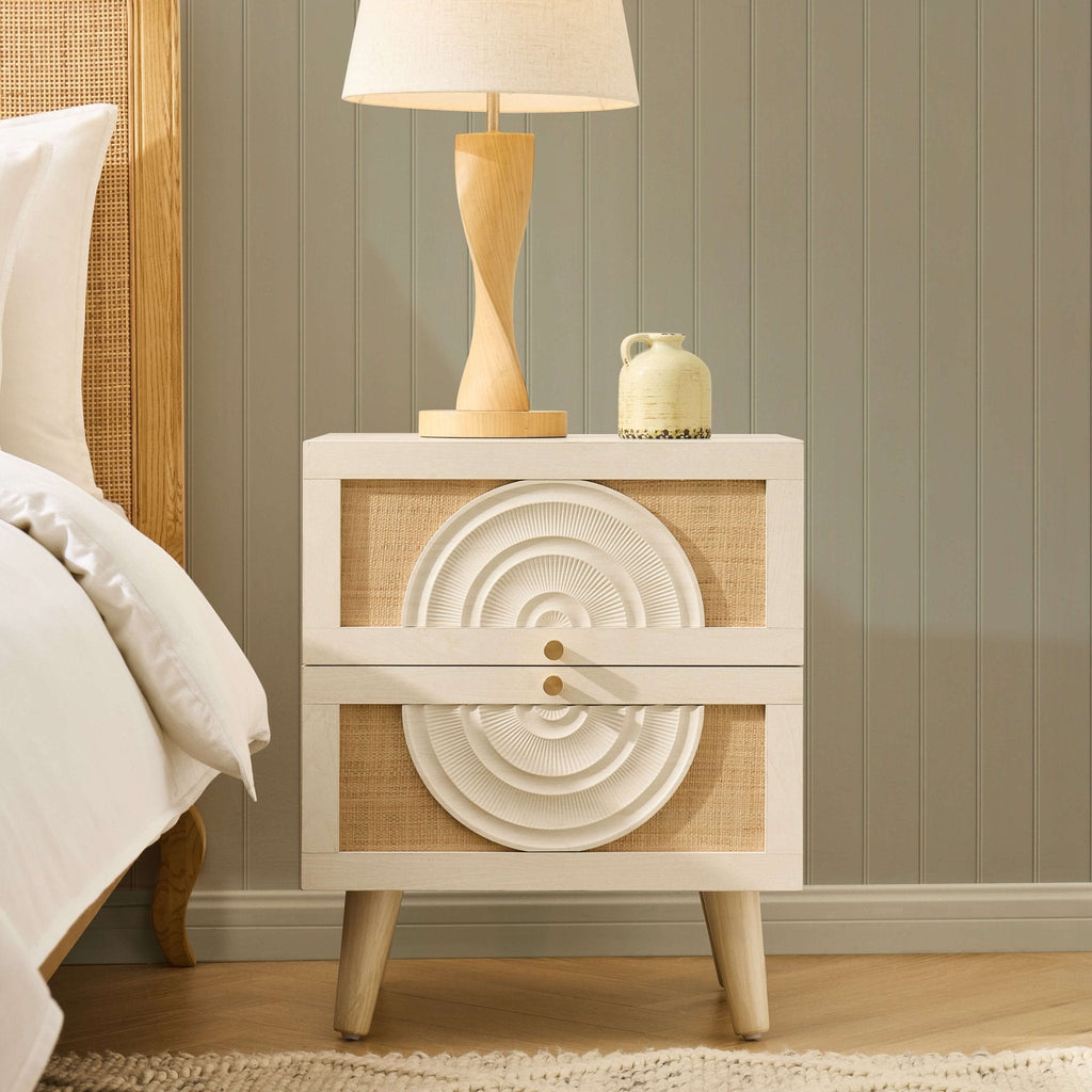 Raven Rattan 2 Drawer Bedside Table - Cream Oak Effect