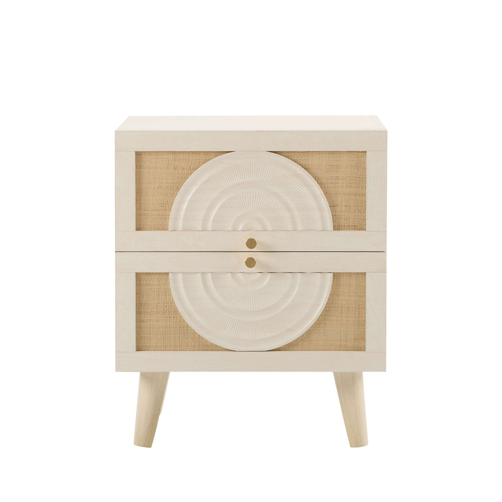 Raven Rattan 2 Drawer Bedside Table - Cream Oak Effect