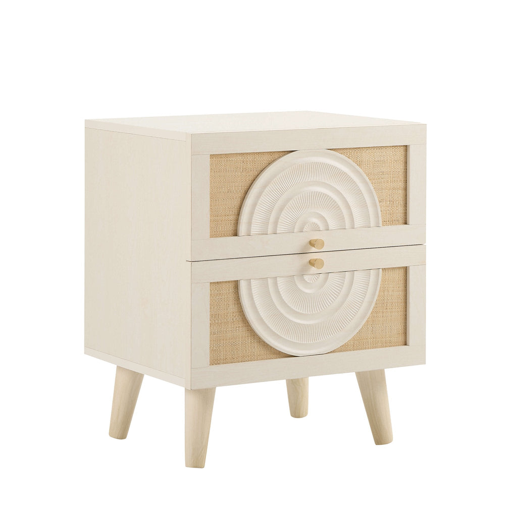 Raven Rattan 2 Drawer Bedside Table - Cream Oak Effect