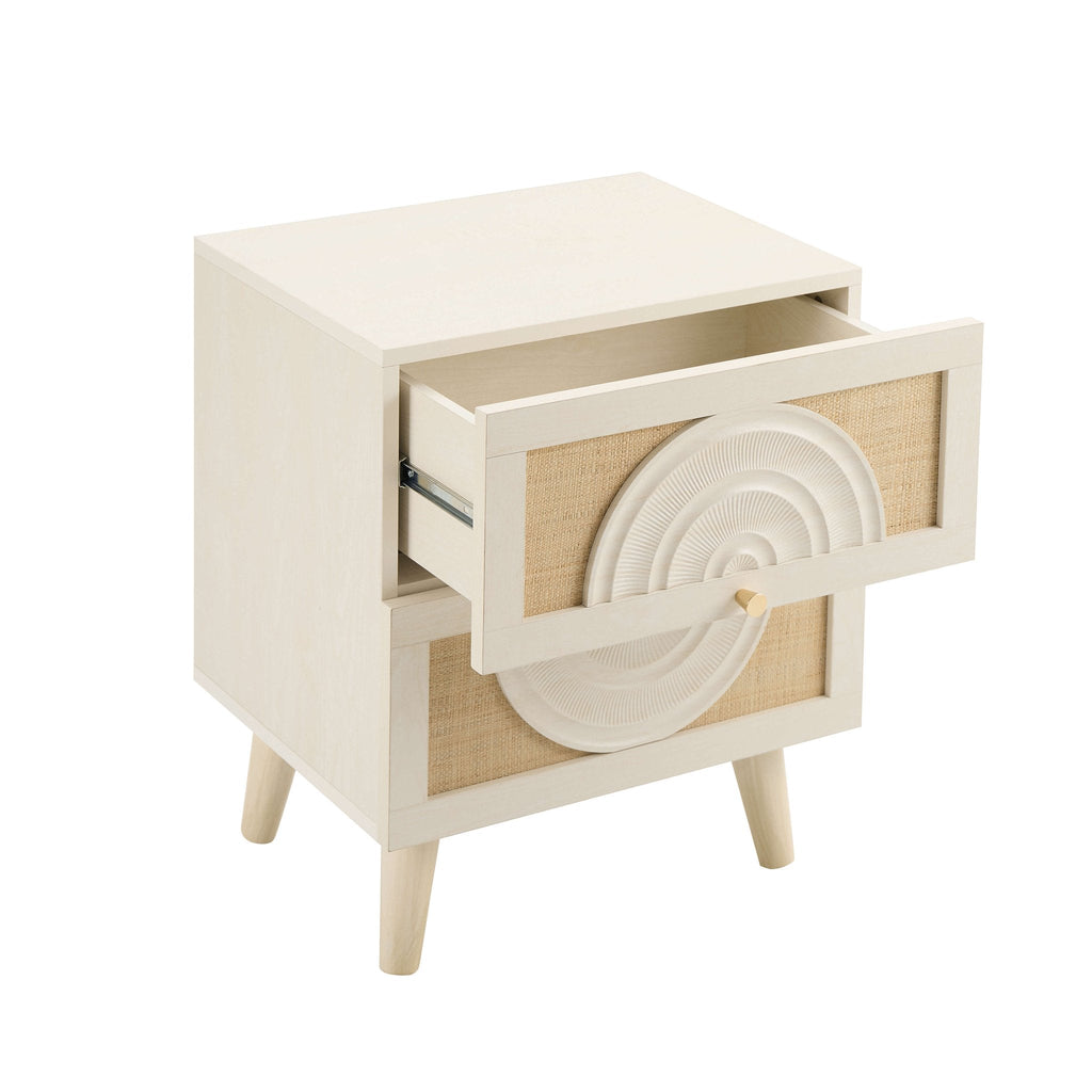 Raven Rattan 2 Drawer Bedside Table - Cream Oak Effect