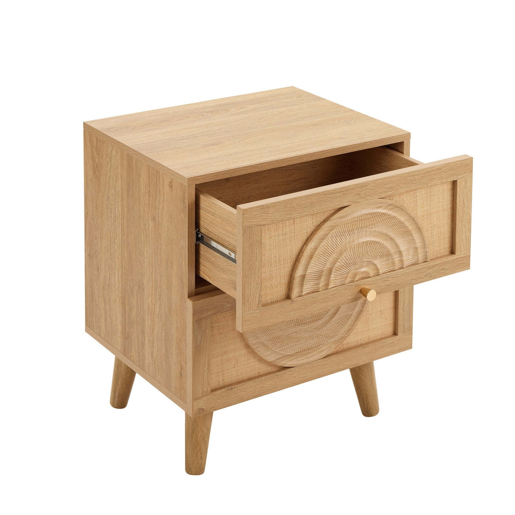 Raven Rattan 2 Drawer Bedside Table - Light Wood