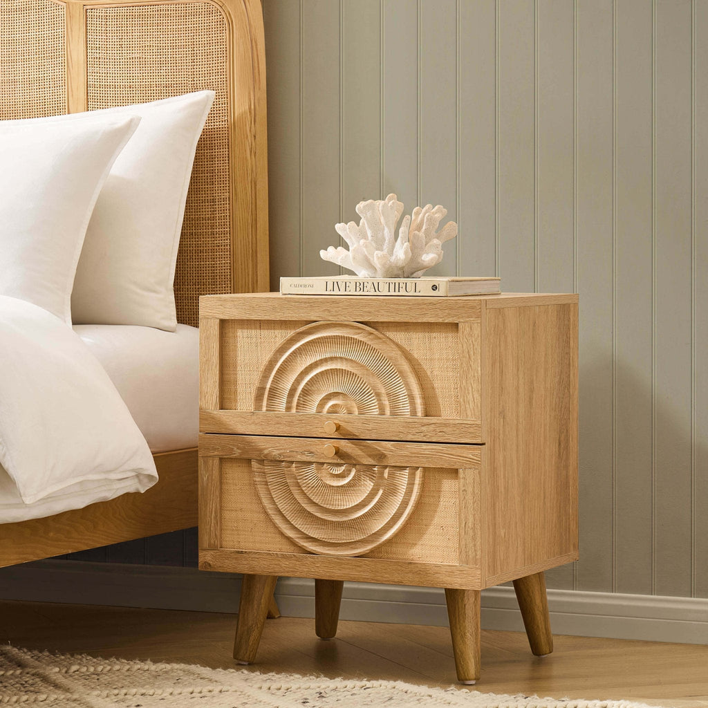 Raven Rattan 2 Drawer Bedside Table - Light Wood