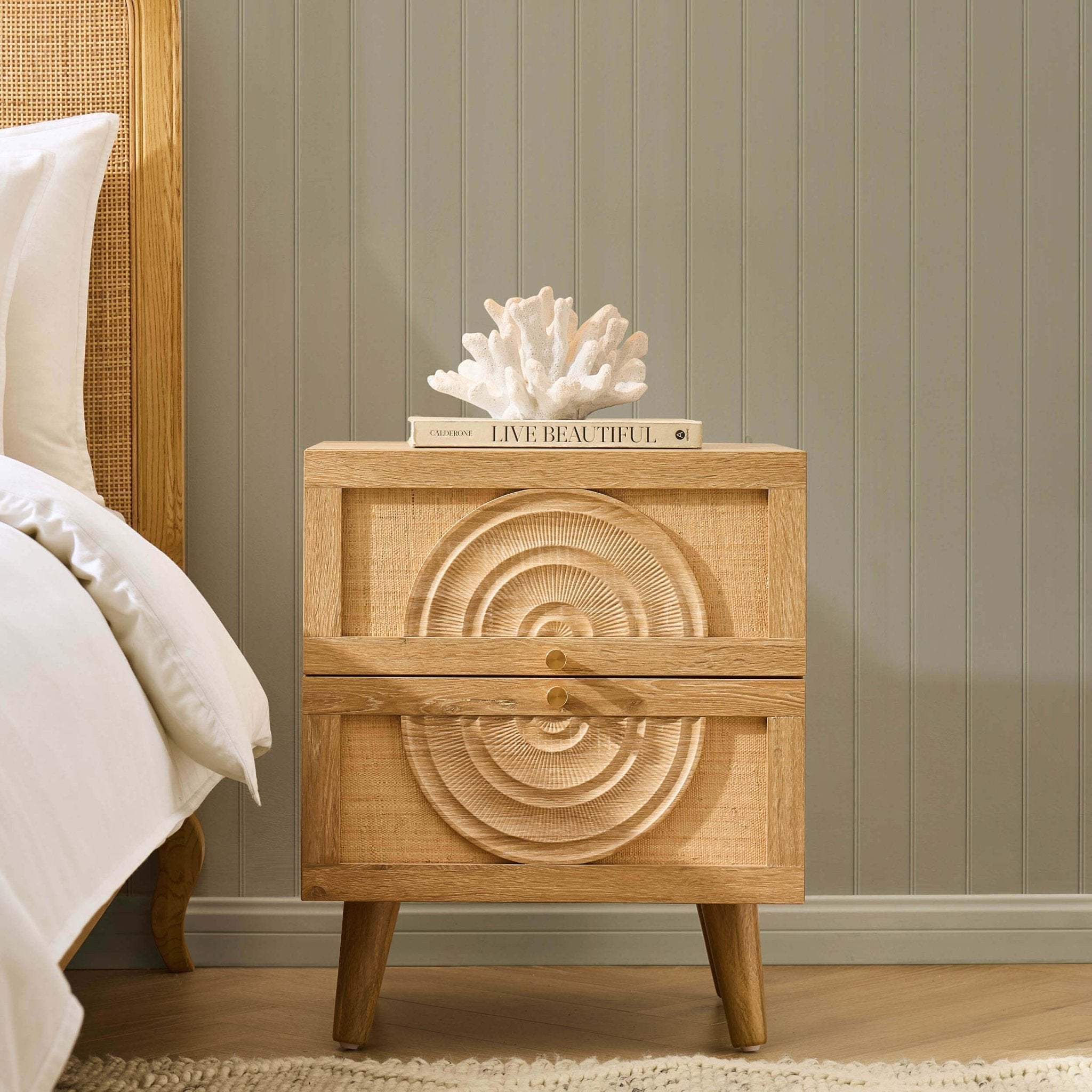 Raven Rattan 2 Drawer Bedside Table - Light Wood