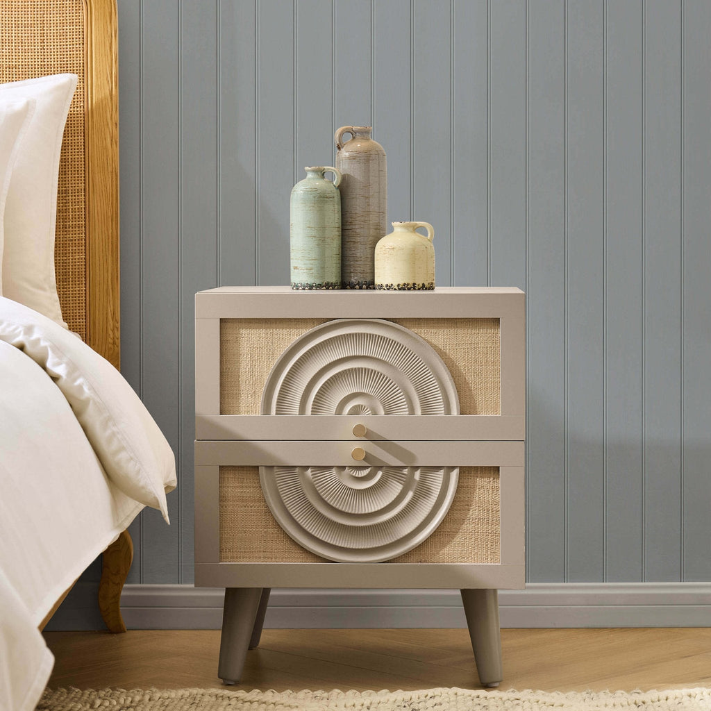 Raven Rattan 2 Drawer Bedside Table - Taupe