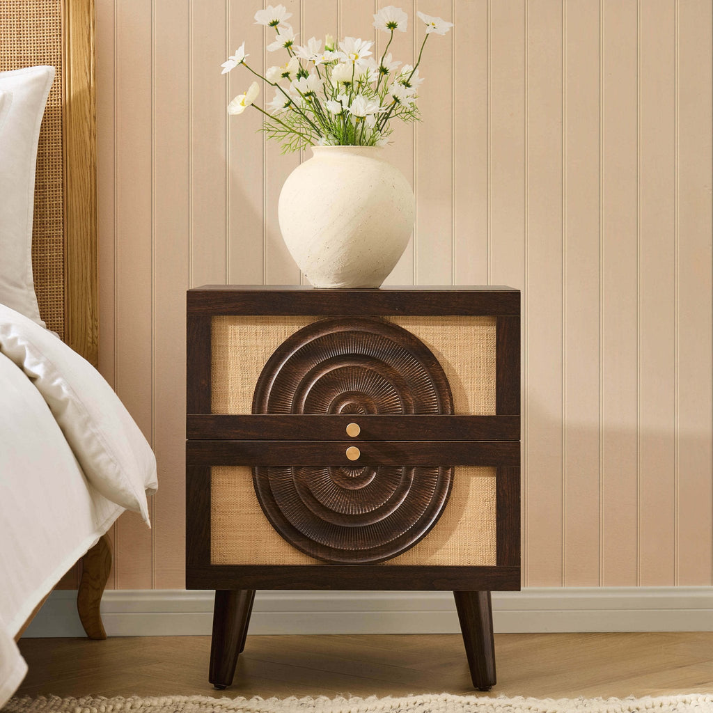 Raven Rattan 2 Drawer Bedside Table - Walnut