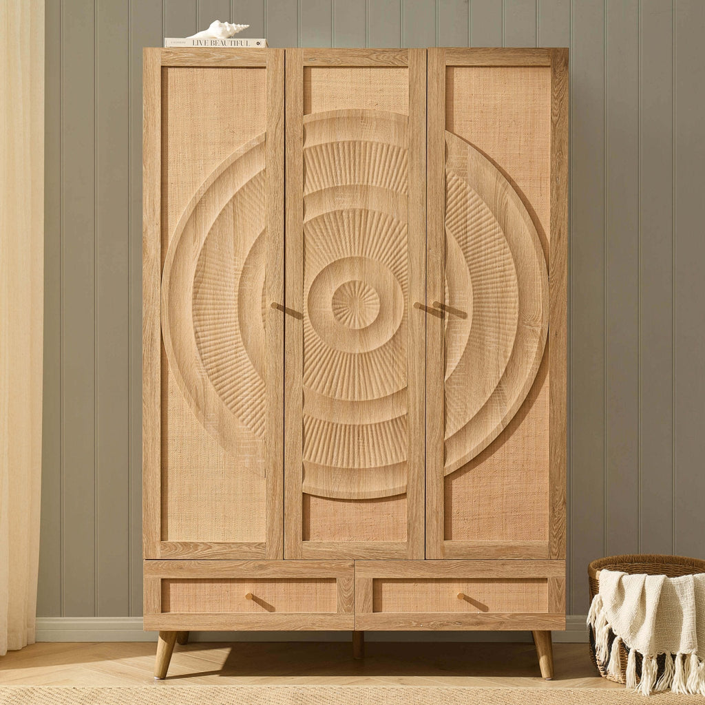 Raven Rattan 3 Door Wardrobe with Drawers - Light Wood