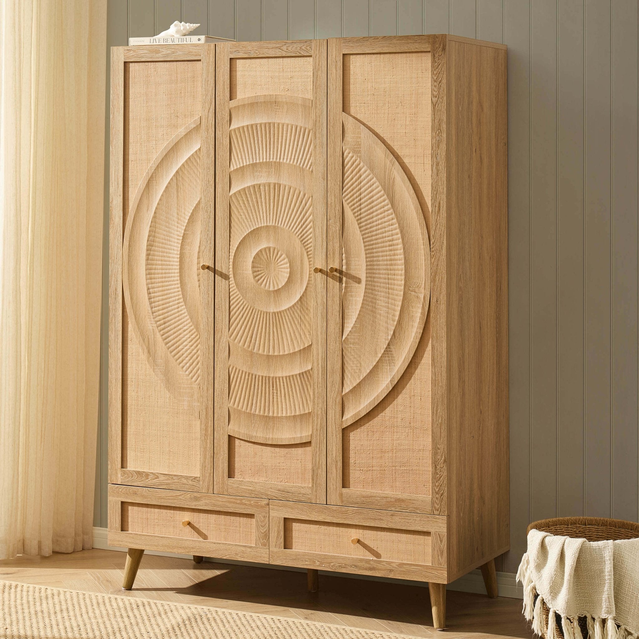 Raven Rattan 3 Door Wardrobe with Drawers - Light Wood
