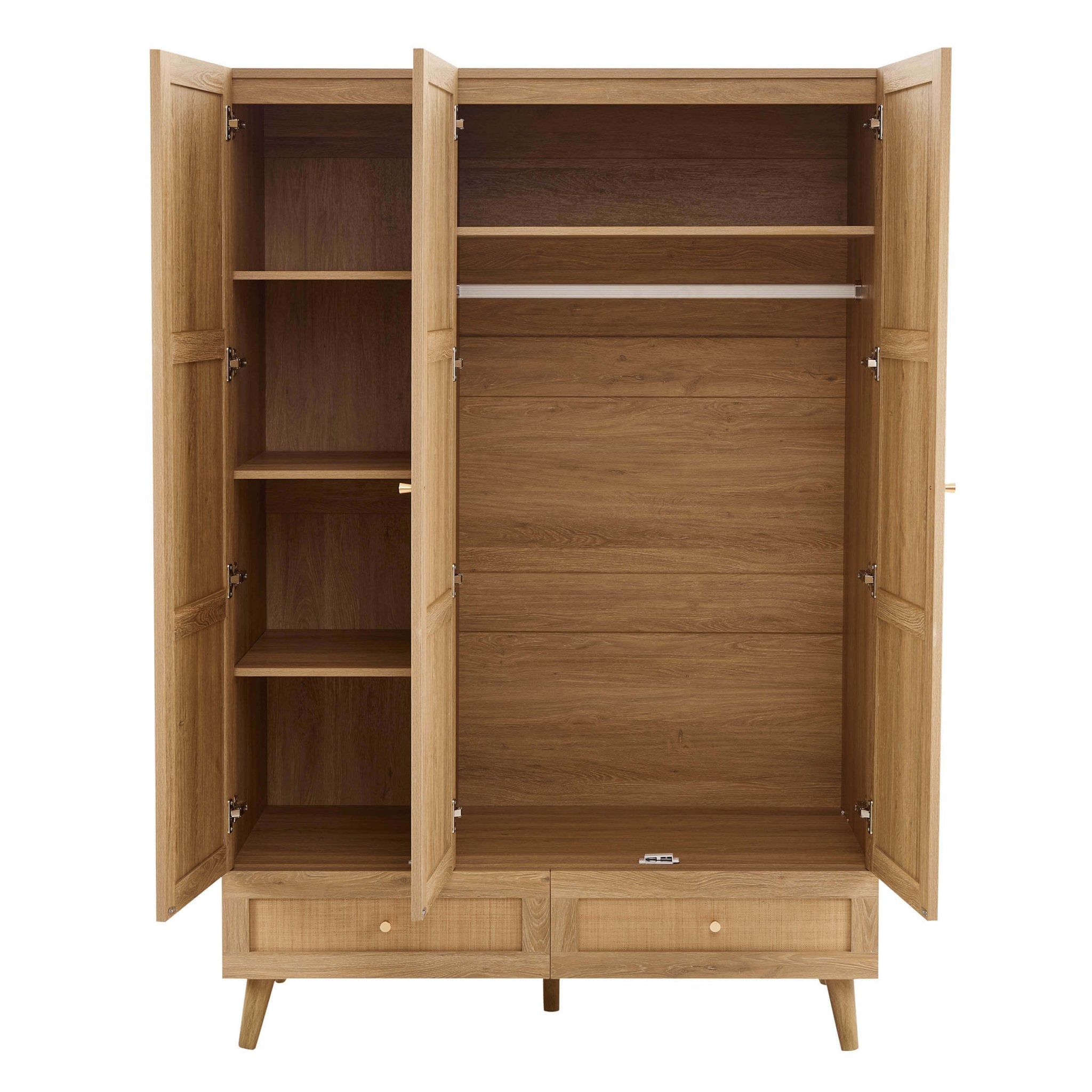 Raven Rattan 3 Door Wardrobe with Drawers - Light Wood