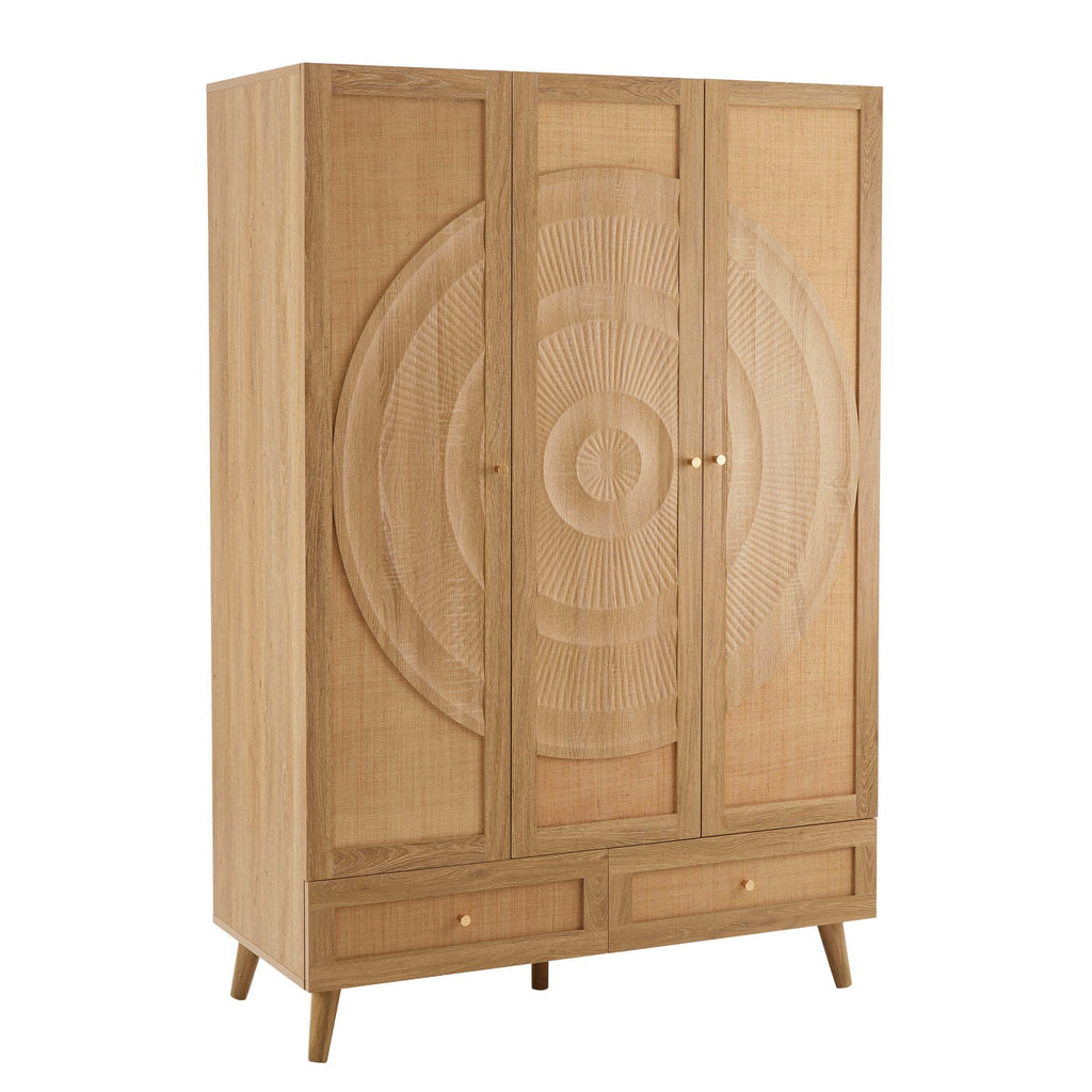Raven Rattan 3 Door Wardrobe with Drawers - Light Wood