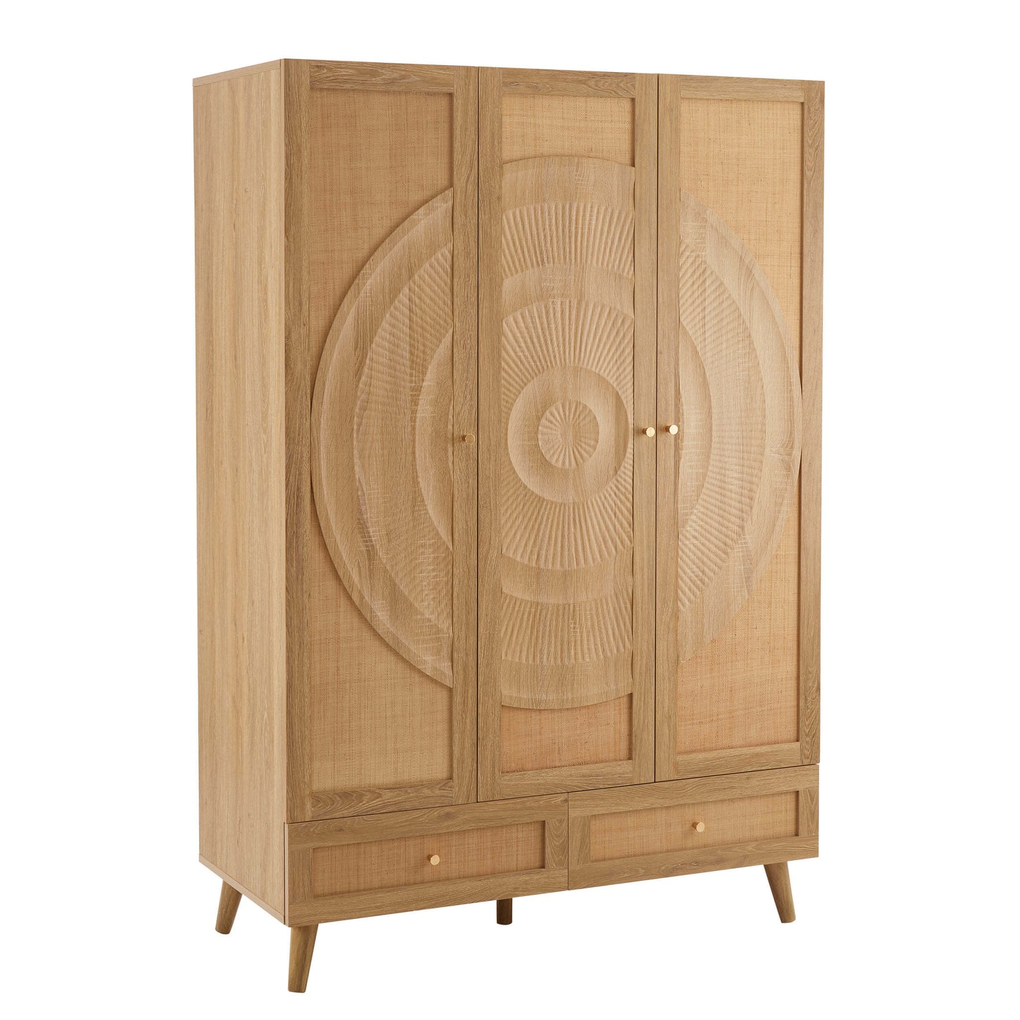 Raven Rattan 3 Door Wardrobe with Drawers - Light Wood