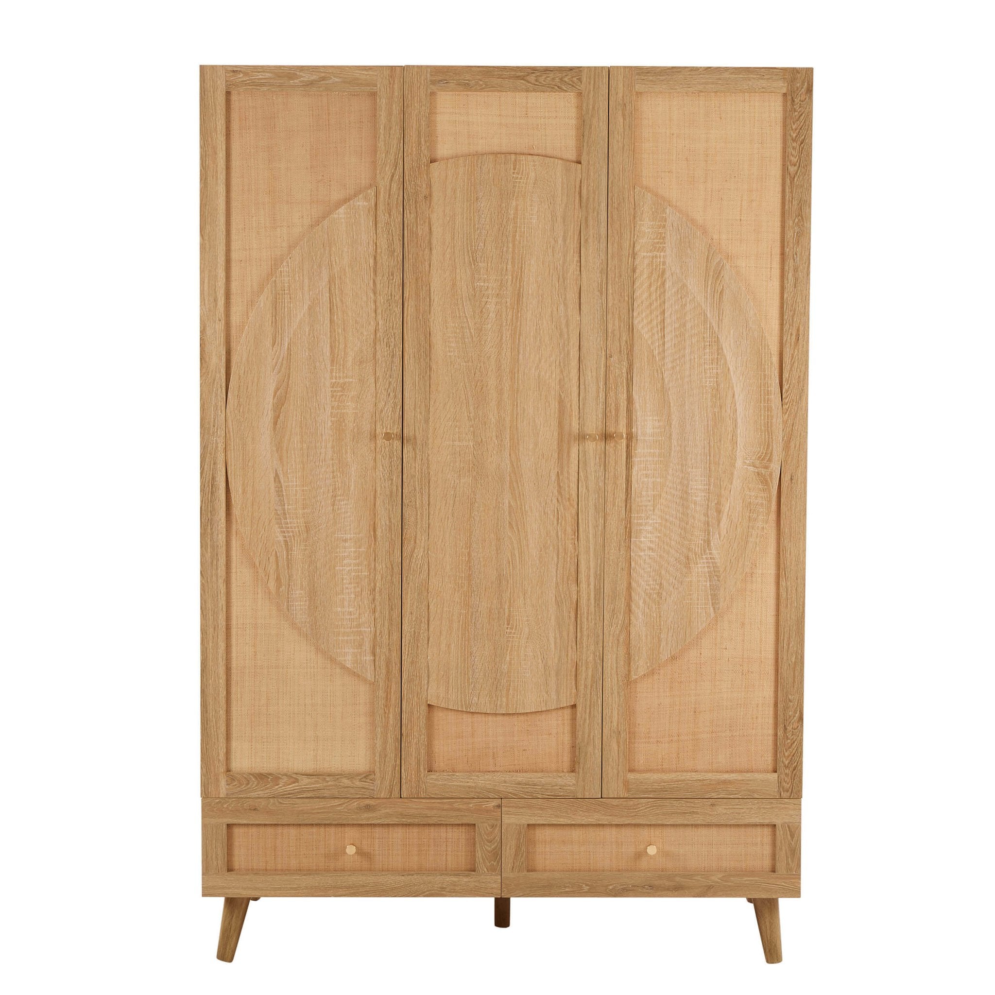 Raven Rattan 3 Door Wardrobe with Drawers - Light Wood