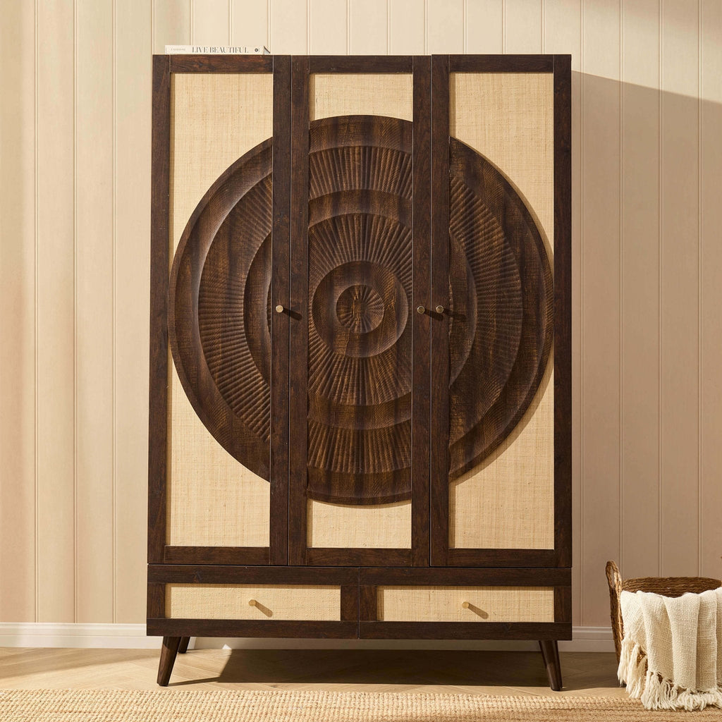 Raven Rattan 3 Door Wardrobe with Drawers - Walnut