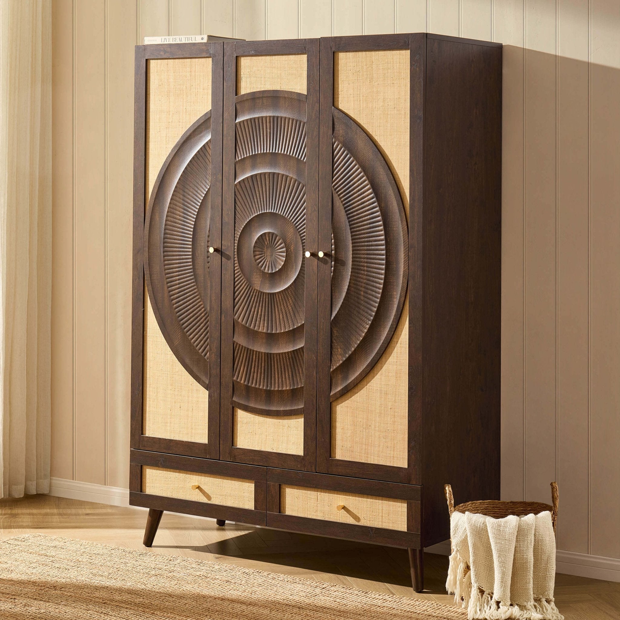 Raven Rattan 3 Door Wardrobe with Drawers - Walnut