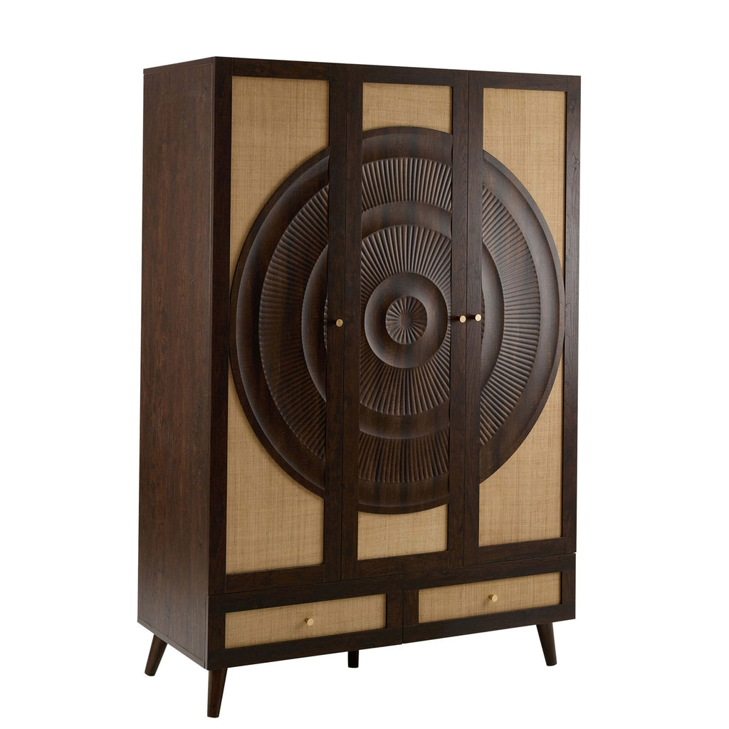 Raven Rattan 3 Door Wardrobe with Drawers - Walnut