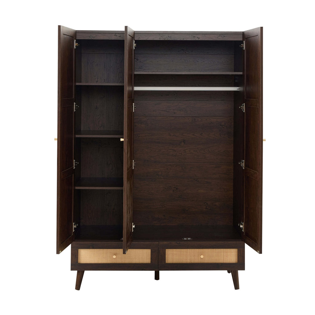 Raven Rattan 3 Door Wardrobe with Drawers - Walnut