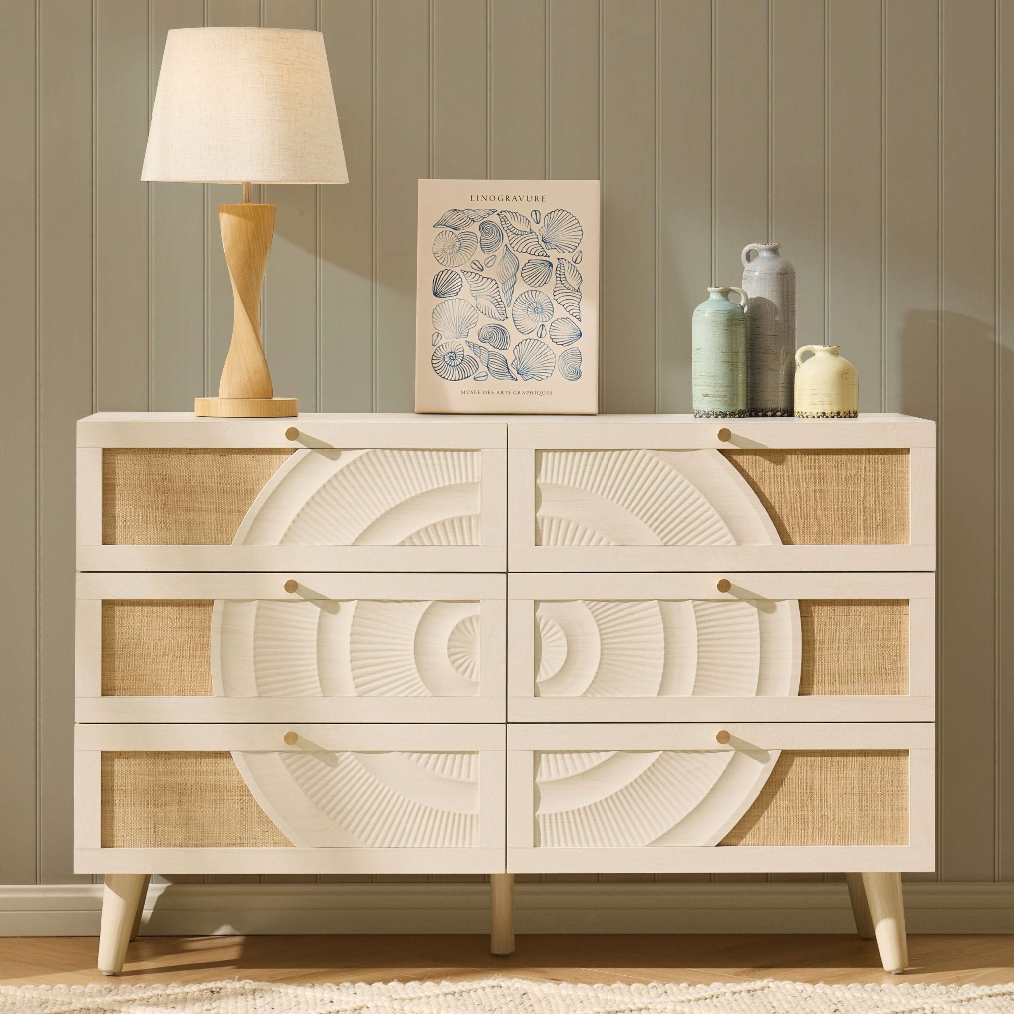 Raven Rattan 6 Drawer Chest - Cream Oak Effect