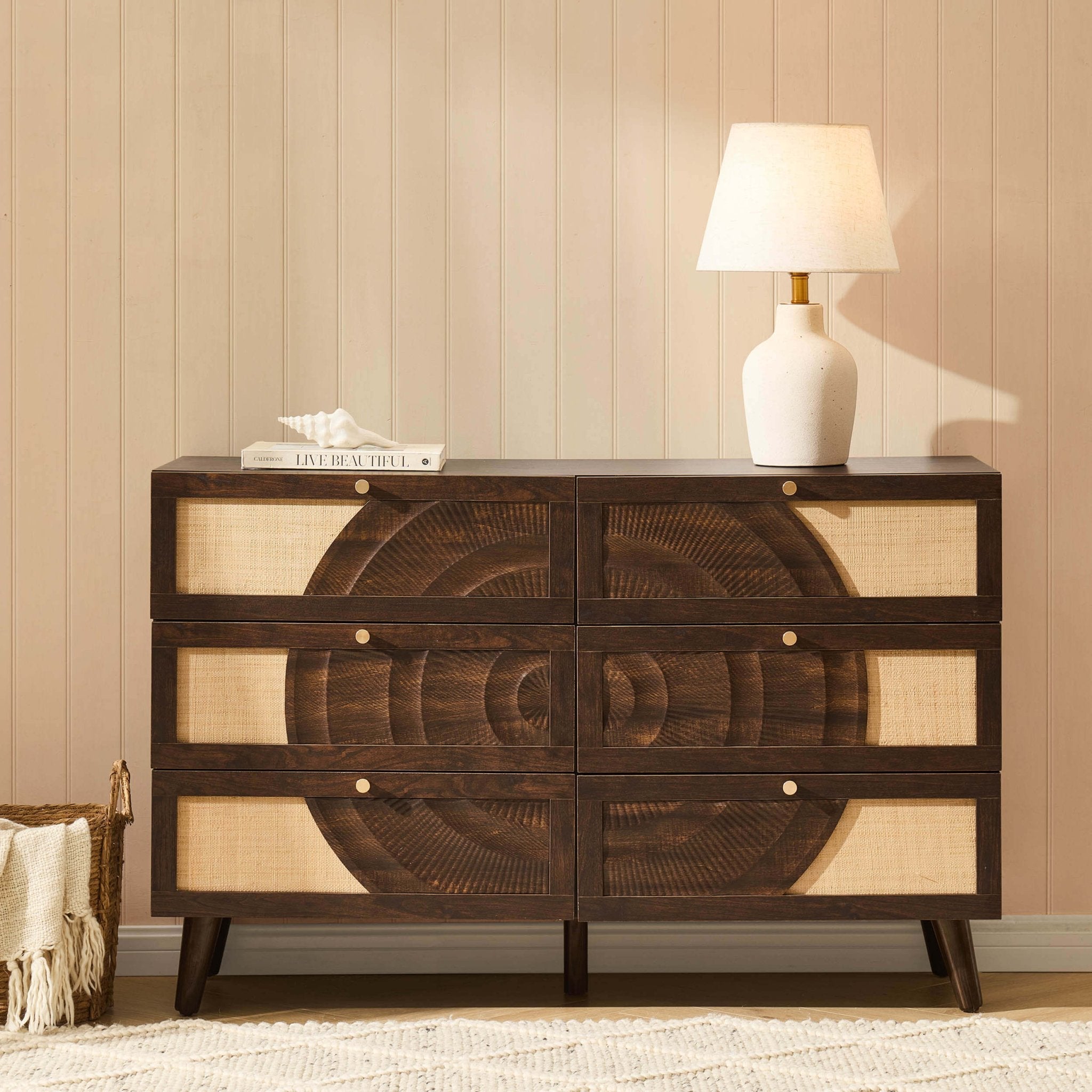 Raven Rattan 6 Drawer Chest - Walnut