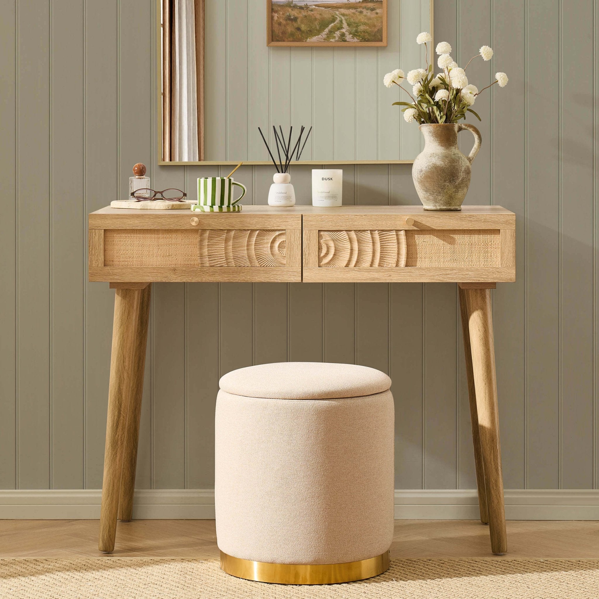 Raven Rattan Dressing Table with Drawers - Light Wood